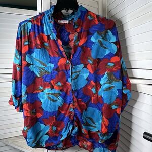 Vintage Truly Yours Women's Bright Floral Blouse 26W Button Front Made USA *FLAW
